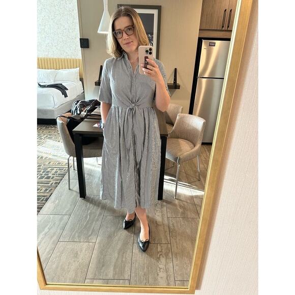 ADAM LIPPES x RTR Blue White Striped Front Button Collared Waist Tie Dress 8 - Picture 12 of 13